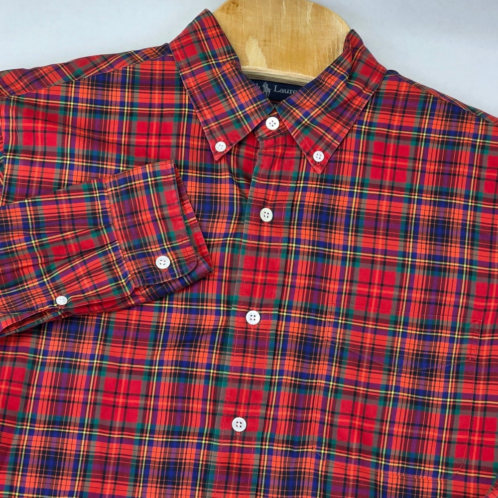 Ralph Lauren Custom Fit Plaid Shirt Mens Large Fine Two-Ply 100s Button Up‎